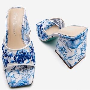 Betsey Johnson White and Blue Floral Embroidered Block Heel Sandal